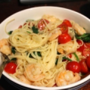 Angel Hair Pasta with spinach, tomatoes and prawns